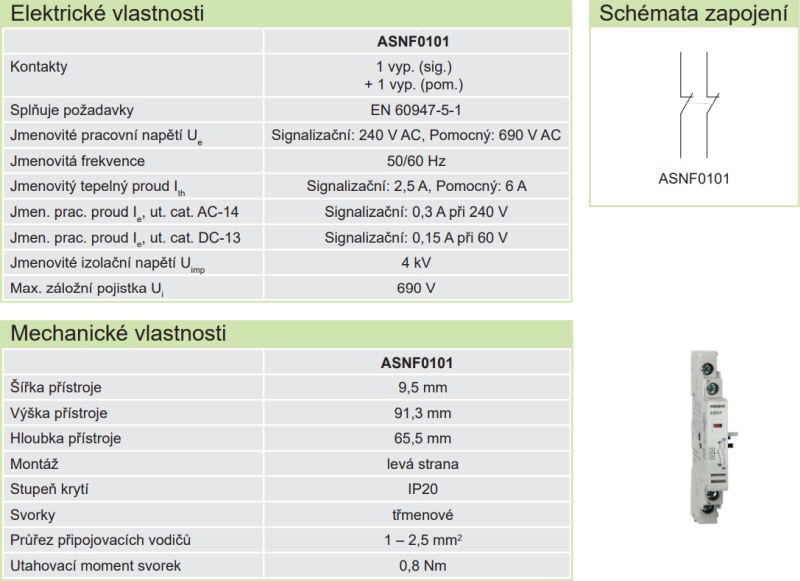 Noark 108965 ASNF0101 Pomocný kontakt se signalizací pro Ex9SN, 1NC(Fault)+1NC(Aux)