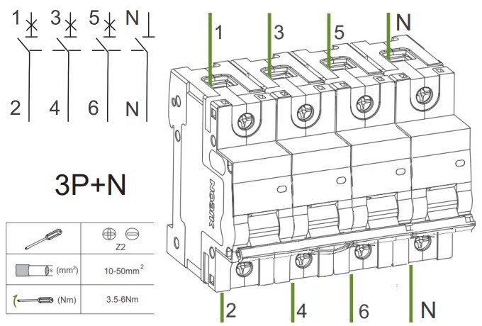 Noark 102831 Ex9B125 3PN D80A Instalační jistič 20 kA, charakteristika D, 80 A, 3+Npól