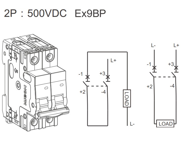 Noark 110084 Ex9BP-JX(+) 2P C6 DC instalační jistič 10 kA, charakteristika C, 6 A, 500 V DC, 2pól