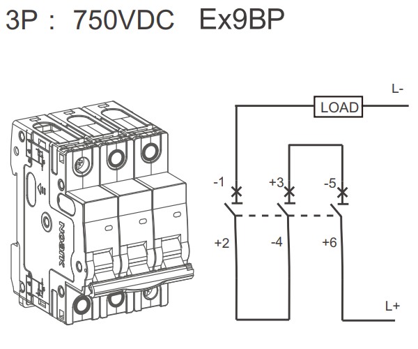 Noark 110104 Ex9BP-JX(+) 3P C50 DC instalační jistič 10 kA, charakteristika C, 50 A, 750 V DC, 3pól