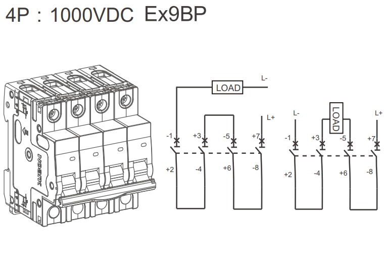 Noark 110106 Ex9BP-JX(+) 4P C1 DC instalační jistič 10 kA, charakteristika C, 1 A, 1000 V DC, 4pól