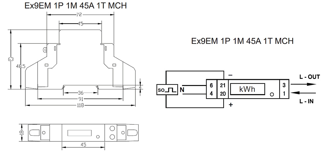Noark 107283 Ex9EM 1P 1M 45A 1T MCH Elektroměr 1-polový, 1-modulový, 45 A, 1-tarifní, Mechanický displej