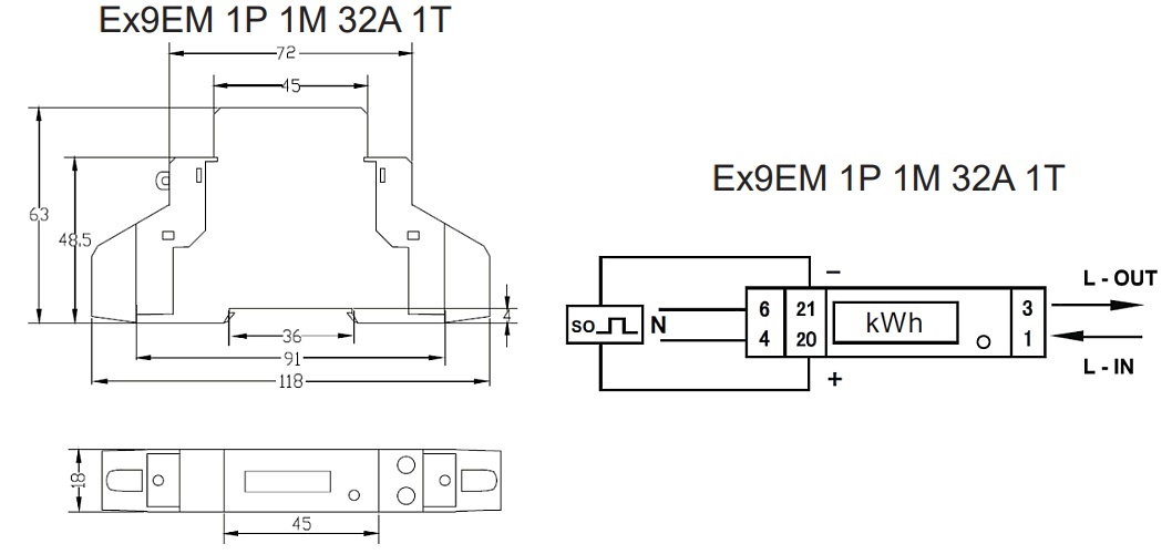 Noark 107286 Ex9EM 1P 1M 32A 1T Elektroměr 1-polový, 1-modulový, 32 A, 1-tarifní, LCD displej