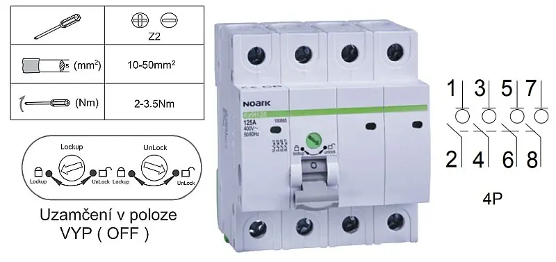 Noark 100885 Ex9I125 4P 125A Instalační vypínač, šířka 4 moduly, 4pól, 125A