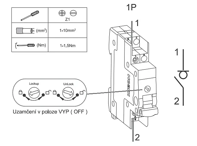 Noark 101389 Ex9I40 2P 32A  Instalační vypínač, šířka 1 modul, 2pól, 32A