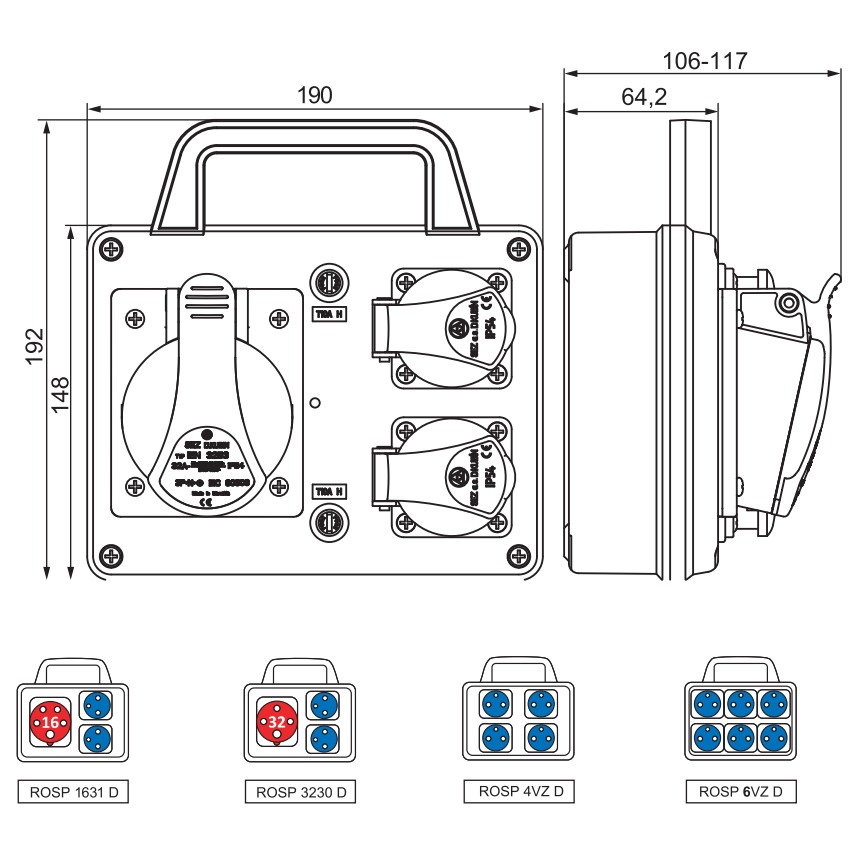 Minizásuvková kombinace SEZ ROSP 3230 D Praktik-IP54, 1x3243, 2x230V s držákem