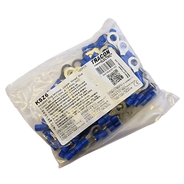 Tracon KSZ6 Izolovaná Cu lisovací kabelová oka, modrá, pocínovaná 2,5mm2, M6, (d1=2,3mm, d2=6,4mm),PVC