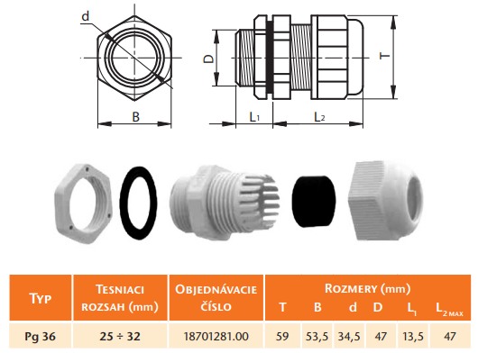 SEZ PG 36 Těsnící vývodka s maticí šedá