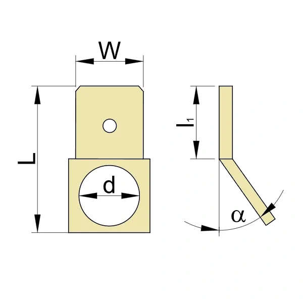 Tracon CSA-90-5 Neizolované mosazné kolíky ploché upevnitelné šroubem 6,3x0,8mm 90°, M5