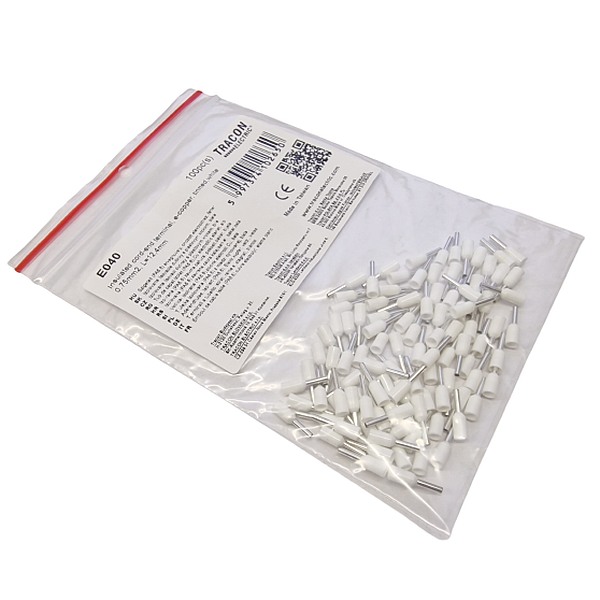 Tracon E040 Izolované lisovací dutinky s plastovým krčkem, bílé 0,75mm2, L=12,4mm