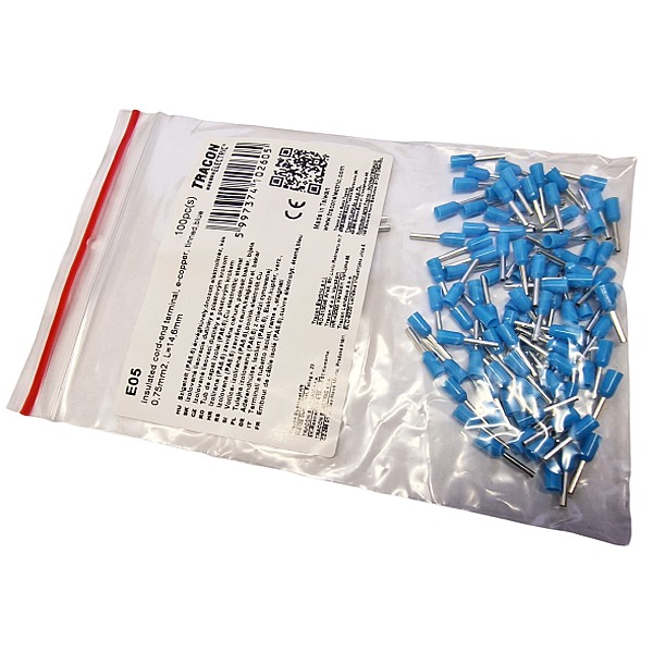 Tracon E05 Izolované lisovací dutinky s plastovým krčkem, světlemodré 0,75mm2, L=14,6mm