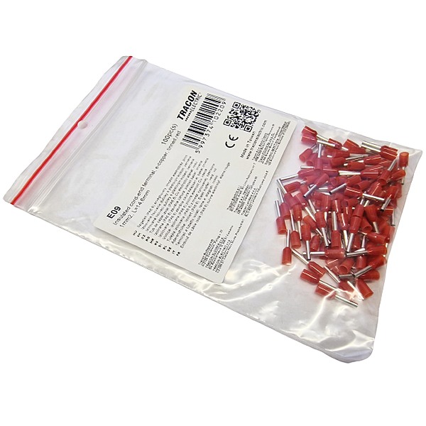 Tracon E09 Izolované lisovací dutinky s plastovým krčkem, červené 1mm2, L=14,6mm