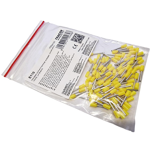 Tracon E110 Izolované lisovací dutinky s plastovým krčkem, žluté 1mm2, L=18,4mm