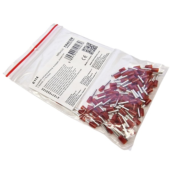Tracon E114 Izolované lisovací dutinky s plastovým krčkem, červené 1,5mm2, L=16,4mm