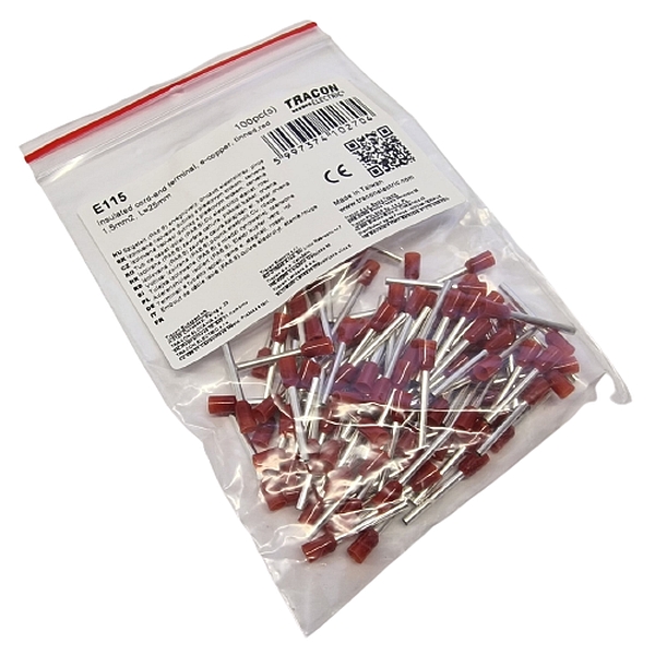 Tracon E115 Izolované lisovací dutinky s plastovým krčkem, červené 1,5mm2, L=25mm