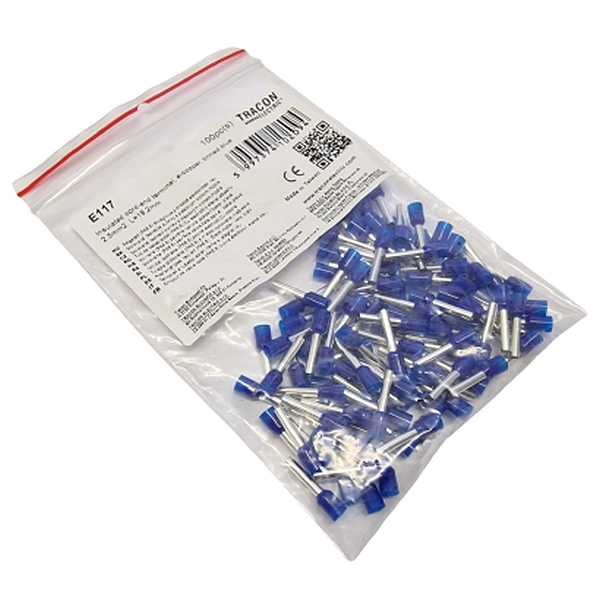 Tracon E117 Izolované lisovací dutinky s plastovým krčkem, modré 2,5mm2, L=19,2mm