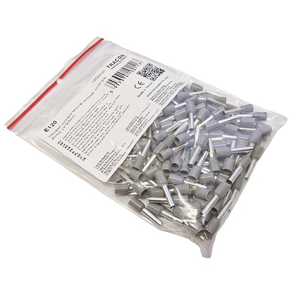 Tracon E120 Izolované lisovací dutinky s plastovým krčkem, šedé 4mm2, L=19,5mm