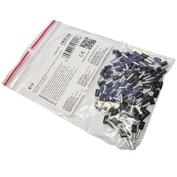 Tracon E13 Izolované lisovací dutinky s plastovým krčkem, černé 1,5mm2, L=14,6mm