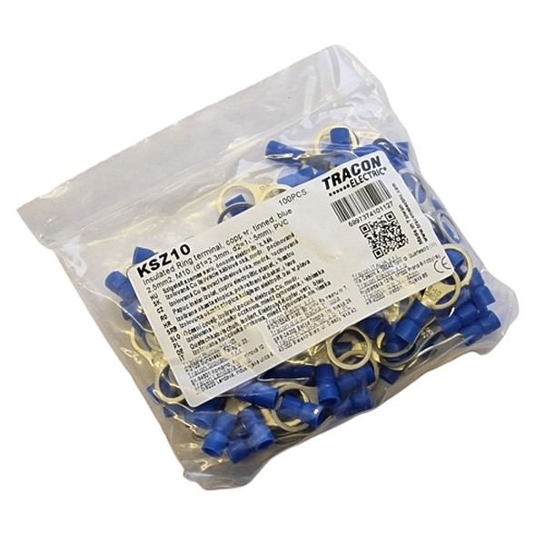 Tracon KSZ10 Izolovaná Cu lisovací kabelová oka, modrá, pocínovaná 2,5mm2, M10, (d1=2,3mm, d2=10,5mm), PVC