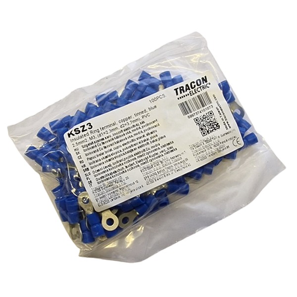 Tracon KSZ3 Izolovaná Cu lisovací kabelová oka, modrá, pocínovaná 2,5mm2, M3, (d1=2,3mm, d2=3,7mm),PVC