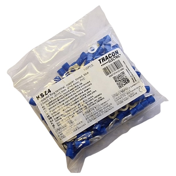 Tracon KSZ4 Izolovaná Cu lisovací kabelová oka, modrá, pocínovaná 2,5mm2, M4, (d1=2,3mm, d2=4,4mm),PVC