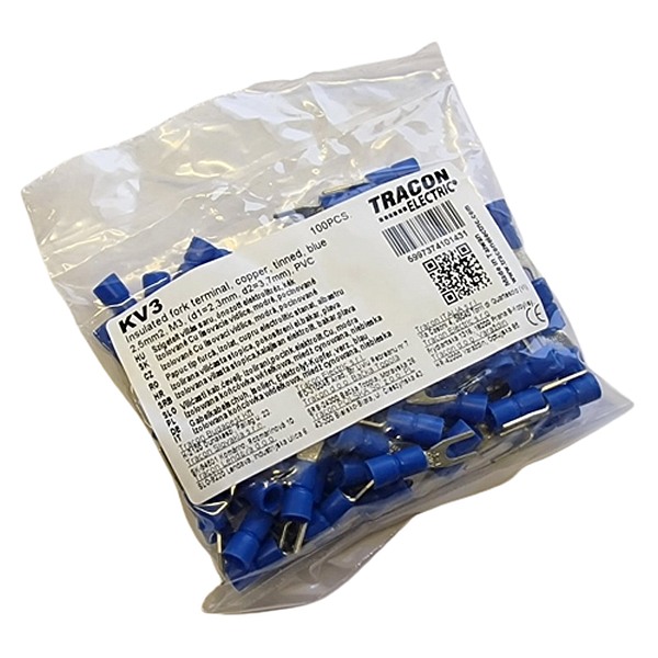 Tracon KV3 Izolované Cu lisovací vidlice, modré, pocínované 2,5mm2, M3, (d1=2,3mm, d2=3,6mm), PVC