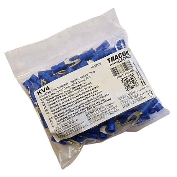 Tracon KV4 Izolované Cu lisovací vidlice, modré, pocínované 2,5mm2, M4, (d1=2,3mm, d2=4,3mm), PVC