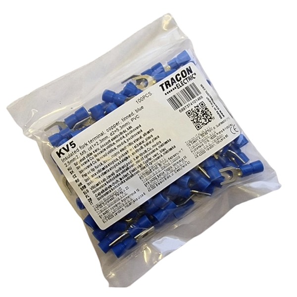 Tracon KV5 Izolované Cu lisovací vidlice, modré, pocínované 2,5mm2, M5, (d1=2,3mm, d2=5,3mm), PVC