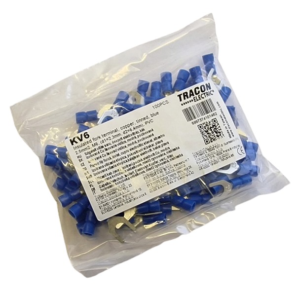 Tracon KV6 Izolované Cu lisovací vidlice, modré, pocínované 2,5mm2, M6, (d1=2,3mm, d2=6,6mm), PVC