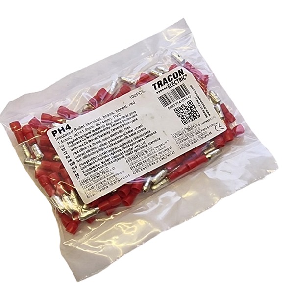 Tracon PH4 Izolované Cu lisovací banánky, červené, pocínované 1,5mm2, (d1=1,7mm, d2=4mm), PVC