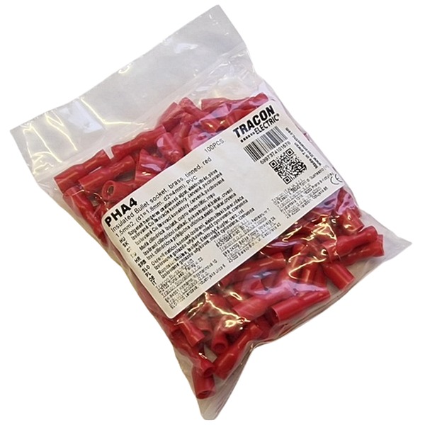Tracon PHA4 Izolované Cu lisovací konektory, červené, pocínované 1,5mm2, (d1=1,8mm, d2=4mm), PVC