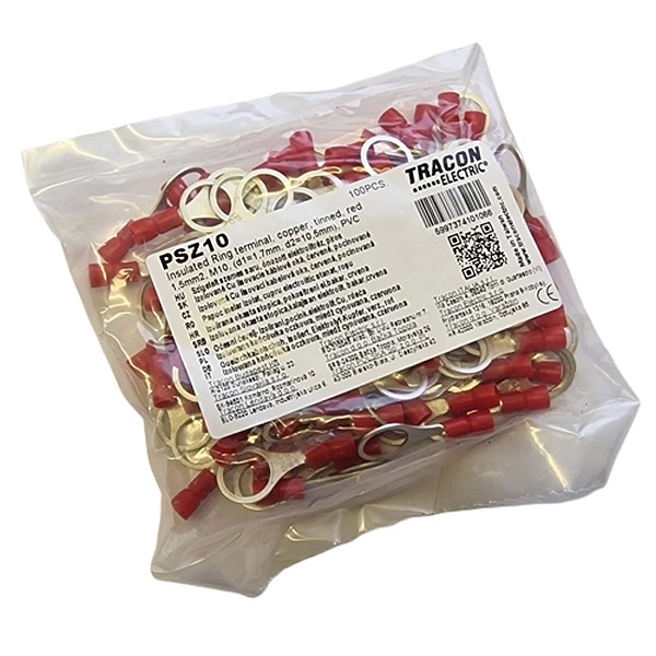 Tracon PSZ10 Izolovaná Cu lisovací kabelová oka, červená, pocínovaná 1,5mm2, M10, (d1=1,7mm, d2=10,5mm), PVC
