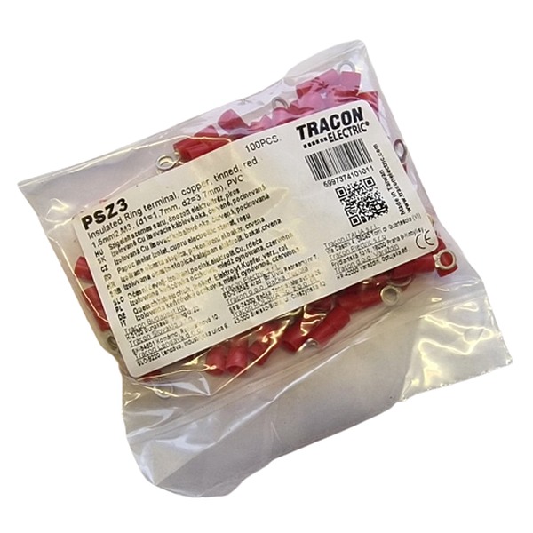 Tracon PSZ3 Izolovaná Cu lisovací kabelová oka, červená, pocínovaná 1,5mm2,M3, (d1=1,7mm, d2=3,7mm), PVC