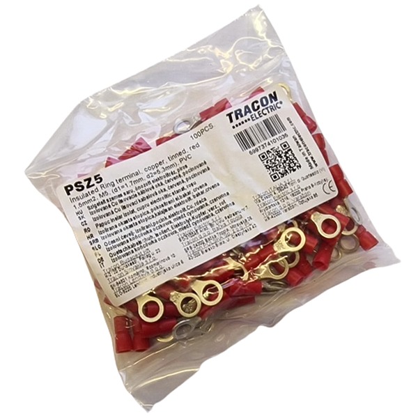 Tracon PSZ5 Izolovaná Cu lisovací kabelová oka, červená, pocínovaná 1,5mm2, M5, (d1=1,7mm, d2=5,3mm),PVC