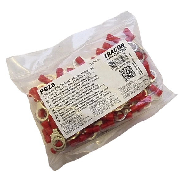 Tracon PSZ8 Izolovaná Cu lisovací kabelová oka, červená, pocínovaná 1,5mm2, M8, (d1=1,7mm, d2=8,4mm), PVC