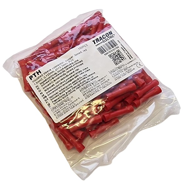 Tracon PTH Izolované Cu lisovací spojky, červené, pocínované 1,5mm2, (L=25mm, d1=2mm), PVC