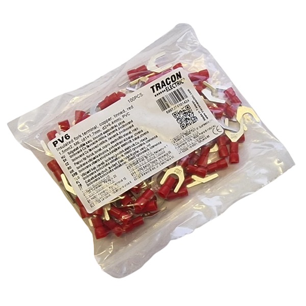Tracon PV6 Izolované Cu lisovací vidlice, červené, pocínované 1,5mm2, M6, (d1=1,7mm, d2=6,6mm), PVC