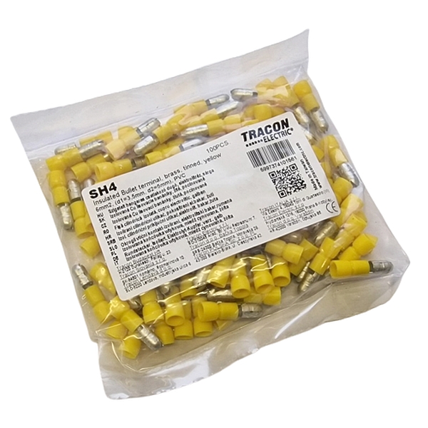 Tracon SH4 Izolované Cu lisovací banánky, žluté, pocínované 6mm2, (d1=3,6mm, d2=5mm), PVC