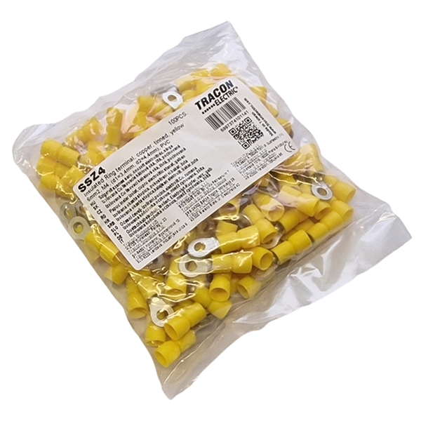 Tracon SSZ4 Izolovaná Cu lisovací kabelová oka, žlutá, pocínovaná 6mm2, M4, (d1=3,4mm, d2=4,4mm), PVC