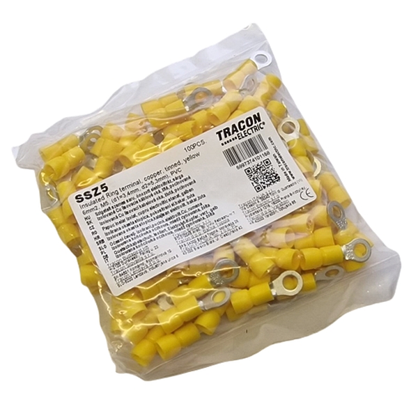 Tracon SSZ5 Izolovaná Cu lisovací kabelová oka, žlutá, pocínovaná 6mm2, M5, (d1=3,4mm, d2=5,3mm), PVC