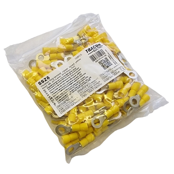 Tracon SSZ6 Izolovaná Cu lisovací kabelová oka, žlutá, pocínovaná 6mm2, M6, (d1=3,4mm, d2=6,4mm), PVC