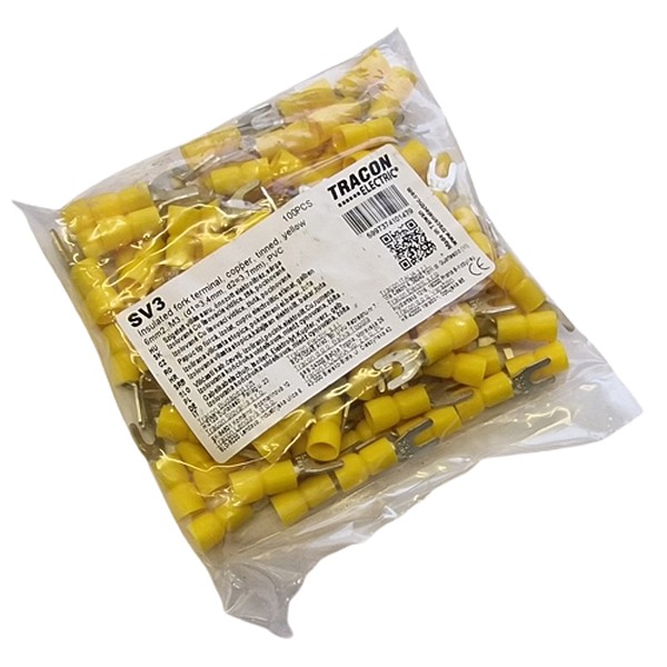 Tracon SV3 Izolované Cu lisovací vidlice, žluté, pocínované 6mm2, M3, (d1=3,4mm, d2=3,6mm), PVC