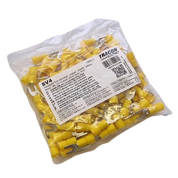Tracon SV4 Izolované Cu lisovací vidlice, žluté, pocínované 6mm2, M4, (d1=3,4mm, d2=4,3mm), PVC