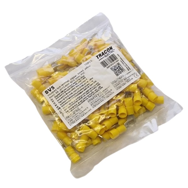 Tracon SV5 Izolované Cu lisovací vidlice, žluté, pocínované 6mm2, M5, (d1=3,4mm, d2=5,3mm), PVC