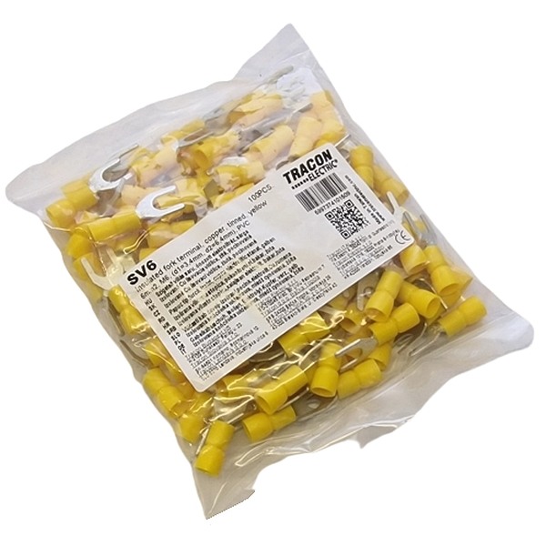 Tracon SV6 Izolované Cu lisovací vidlice, žluté, pocínované 6mm2, M6, (d1=3,4mm, d2=6,4mm), PVC