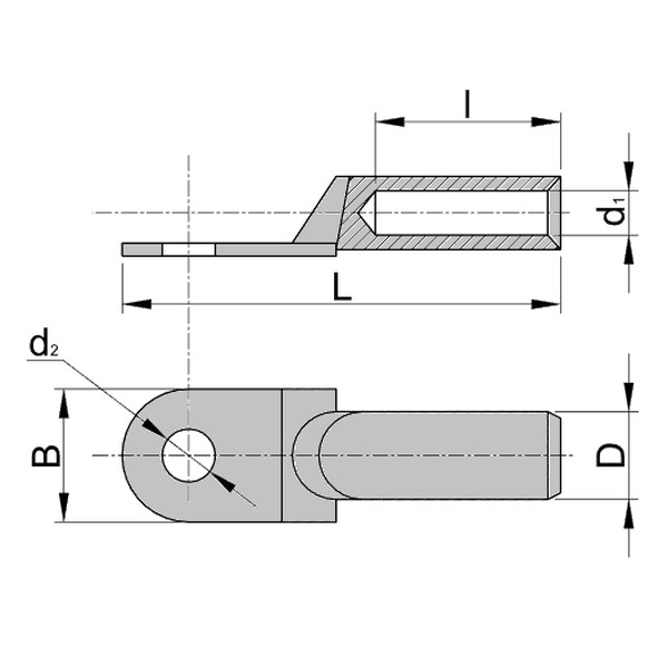 Tracon SZ-CLSN95 Neizolované Cu prodloužené lisovací kabelové oko, pocínované 95mm2, M12, (d1=14mm, d2=12,5mm)