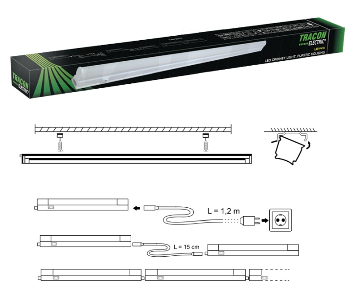 Tracon LBV5NW Nábytkové LED T5 svítidlo, propojitelné 230 V, 50 Hz, 5 W, 400 lm, 4500 K, 30 cm, EEI=G
