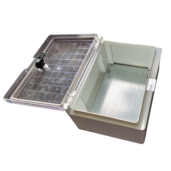 Tracon TME282113T Plastová rozvodná skříň, s průhl. dvířky H×W×D=280×210×130mm, IP65, IK10, 1000V AC/DC, RAL7035