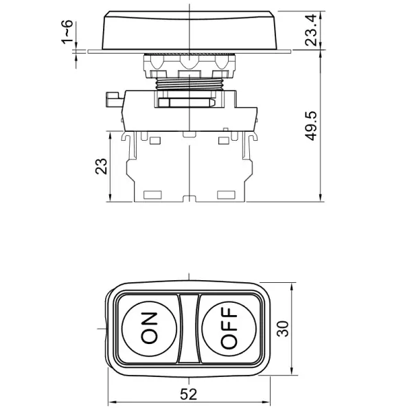 Tracon NYG3-D Dvojtlačítko, zelené + červené 1×NO+1×NC, 5A/230V AC-15, IP65