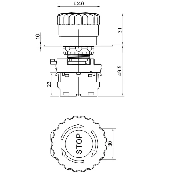 Tracon NYG3-ETLR Nouzové tlačítko, podsvícenés aretací, červené 1×NC, 5A/230V AC-15, 40mm, IP65, LED 230V AC/DC